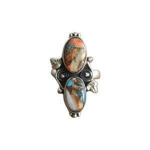 New Stock Natural Spiny Oyster & Turquoise Adjustable Sterling Silver Ring